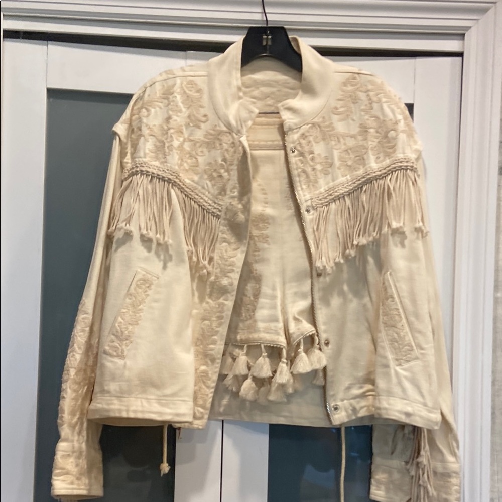 Zara Cream Bomber Jacket with shorts - Fringe Details